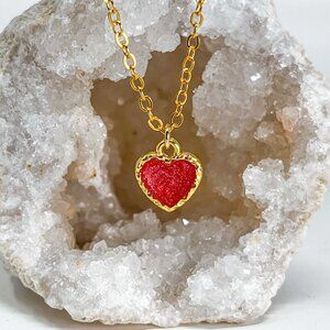 3/$20 14k Gold Red Glitter Resin Heart Charm Handmade Pendant Necklace